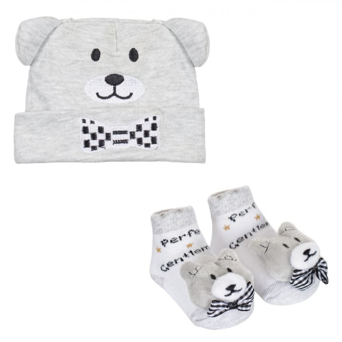 Set Căciulă și șosete, Model Ursuleț 3D, Culoare Gri, Bumbac, 2 Piese