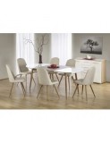 Set masa living extensibila HM Edward, blat MDF, structura metalica, ovala, 120-200x100x75 cm alb/stejar si 4 scaune HM K214, piele ecologica, 100 kg,