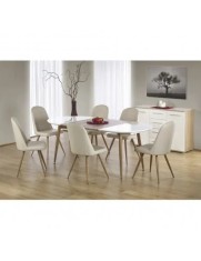 Masa living extensibila HM Edward, blat MDF, structura metalica, ovala, 6 persoane, 120-200x100x75 cm, alb/stejar
