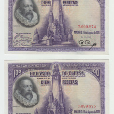 SPANIA -SET 2 x 100 PESETAS 1928 UNC , SERII CONSECUTIVE, B1.47