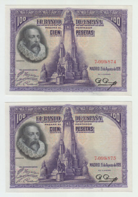 SPANIA -SET 2 x 100 PESETAS 1928 UNC , SERII CONSECUTIVE, B1.47 foto