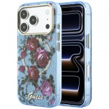 Husa MagSafe pentru Apple iPhone 18 Pro Max / 17 Pro Max, Guess, IML Glitter Blossom Roses, Bleu