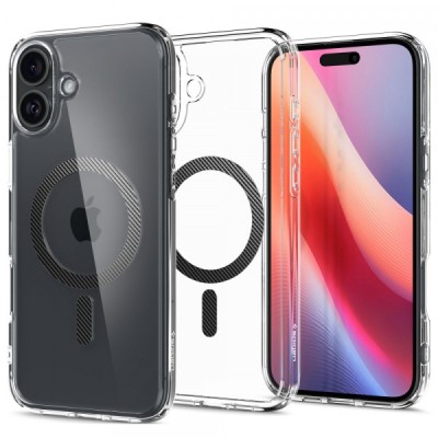 Husa MagSafe pentru Apple iPhone 16, Spigen, Ultra Hybrid Carbon, Transparenta foto