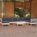 Cumpara ieftin Set mobilier de grădină cu perne, 9 piese, alb, lemn masiv pin