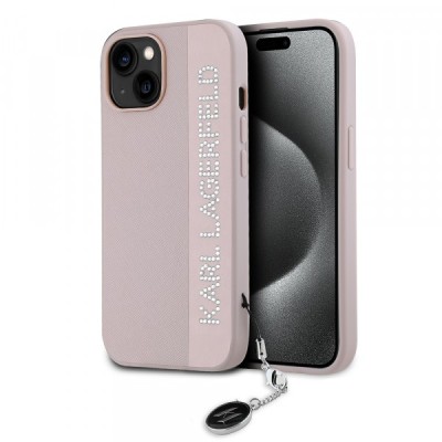 Husa pentru Apple iPhone 15, Karl Lagerfeld, Saffiano Rhinestones &amp;amp; Charm, Roz foto
