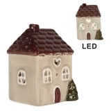 Cumpara ieftin Casuta Craciun ceramica bej maro cu led 7x6x10 cm