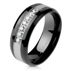 Inel din oțel într-o nuanță de argint negru - o dungă din zirconii clare, de 8 mm - Marime inel: 64