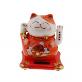 Pisica norocoasa maneki neko rosie pe suport solar 10cm