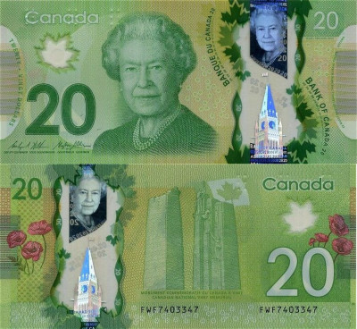 CANADA █ bancnota █ 20 Dollars █ 2013 █ P-108b █ POLYMER █ UNC █ necirculata foto