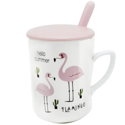 Cana cu capac din ceramica si lingurita Pufo Flamingo Summer pentru cafea sau ceai, 12 cm foto