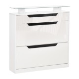 HOMCOM Suport pentru Pantofi cu 2 Sertare pentru 16 Perechi de Pantofi cu Etajeră Reglabilă și Raft din Sticlă, 89x23x96cm, Alb Lucios | Aosom Romania