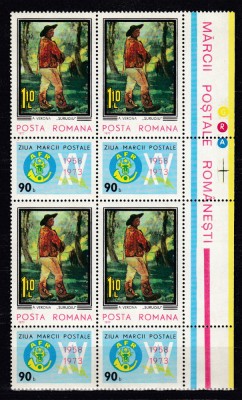 ROMANIA 1973 LP 834 ZIUA MARCII POSTALE ROMANESTI - SURUGIU BLOC DE 4 TIMBRE MNH foto