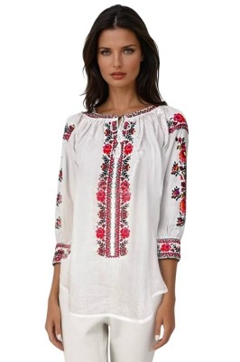 Bluza dama tip ie R256 alb optic/rosu bordo , marimea L foto