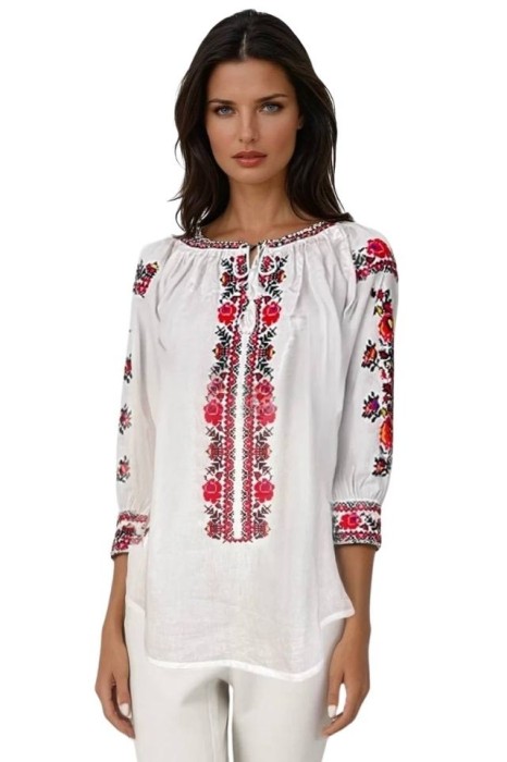 Bluza dama tip ie R256 alb optic/rosu bordo , marimea L