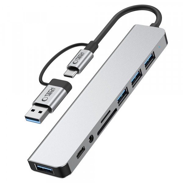 Hub USB / USB-C Tech-Protect HB06, 2 x USB-A 3.0 - 2 x USB-A - 1 x USB-C - 1 x SD - 1 x microSD - 1 x Jack 3.5mm, Gri