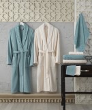 Cumpara ieftin Set de halate de baie cu prosoape si manusi pentru baie, bumbac 100%, HAZAL Blue/Cream