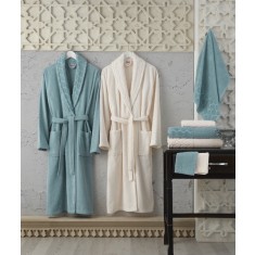 Set de halate de baie cu prosoape si manusi pentru baie, bumbac 100%, HAZAL Blue/Cream