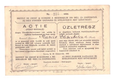 Actiune / actie Institutul de credit si economii a meseriasilor din Ineu (Arad), 250 lei, 1931 foto