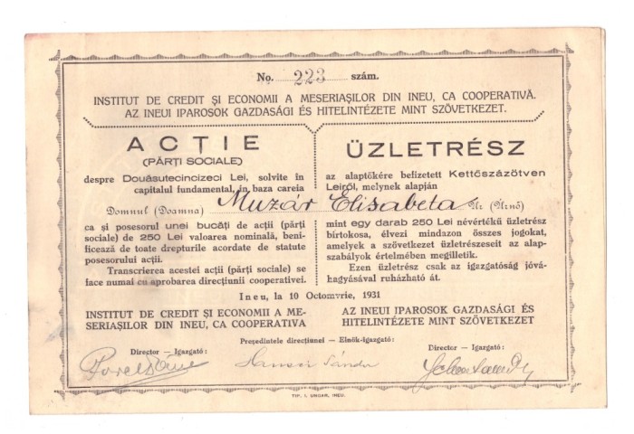 Actiune / actie Institutul de credit si economii a meseriasilor din Ineu (Arad), 250 lei, 1931