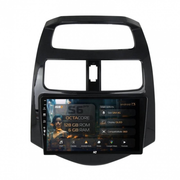 Navigatie Daewoo Matiz Chevrolet Spark (2010-2014) 6GB RAM Android 13 Octacore Slot Sim 4G DSP GPS Wi-FI Carplay Android Auto USB Bluetooth Waze Touch