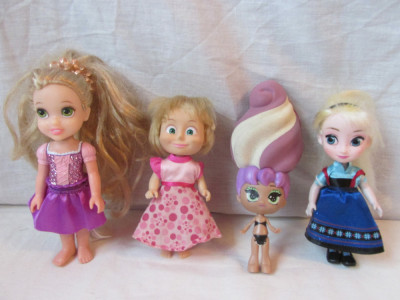 Set 4 papusi mini Elsa,Rapunzel,Masha+papusa Blume Doll cu par squishy foto