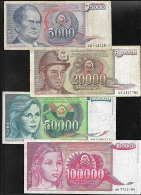 Set Iugoslavia 5000 + 20000 + 50000 + 100000 dinari dinara 1985-1989 F-VF foto