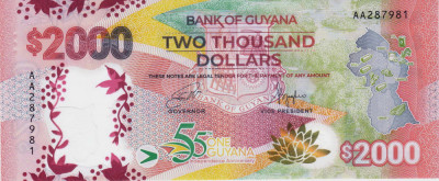 Bancnota Guyana 2.000 Dolari 2022 - PNew UNC ( comemorativa, polimer ) foto