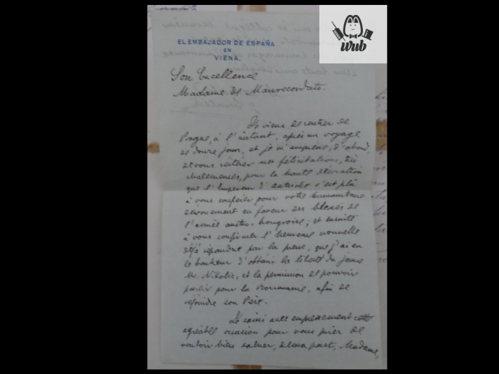 Scrisoare primita de Irina Mavrocordat de la ambasadorul Spaniei la Viena