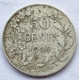 380. Moneda Belgia 50 centimes 1909 (French legend) ( Leopold II)(argint 0.835)