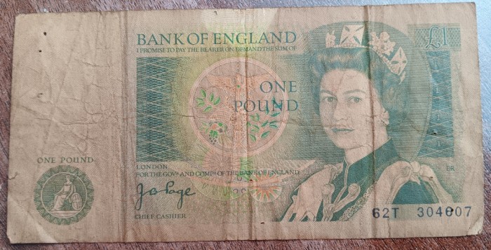 B11 - Bancnota foarte veche - Marea Britanie - Anglia - o lira sterlina regina