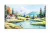 Tablou peisaj de la munte cu pescari pictat manual, Maretie, 100x60cm ulei pe panza, Mircea Iordache