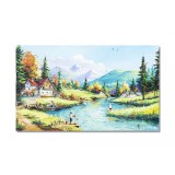 Tablou pictat manual, Maretie, peisaj de la munte cu pescari norocosi, 100x60cm ulei pe panza, gata de agatat pe perete