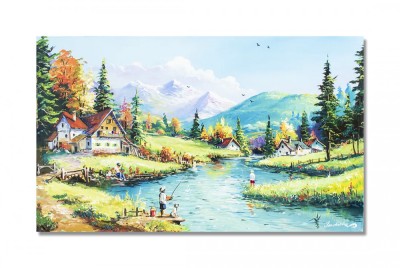 Tablou peisaj de la munte cu pescari pictat manual, Maretie, 100x60cm ulei pe panza, Mircea Iordache foto