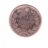 Moneda Italia 5 centesimi 1861 M, stare relativ buna, curata, Australia si Oceania, Bronz