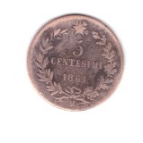 Moneda Italia 5 centesimi 1861 M, stare relativ buna, curata, Europa, Bronz