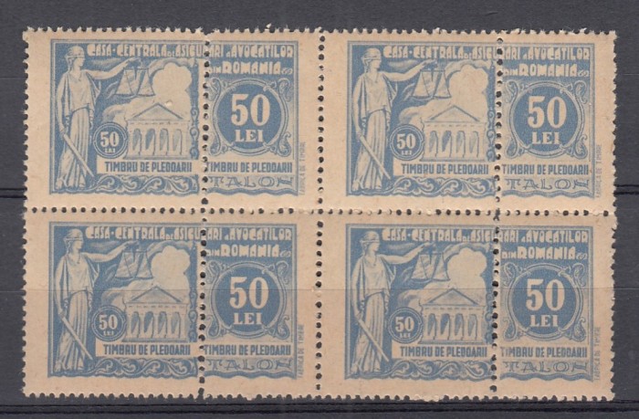 ROMANIA 1931 TIMBRE JUDICIARE TIMBRE FISCALE PENTRU INSTANTE TIMBRU DE PLEDOARIE EMISIUNEA I-a 50 LEI ALBASTRU BLOC 4 TIMBRE STARE MNH