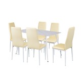 Set Sufragerie Jenna 6+1 Leziter, Masa Bora Piatra Sinterizata, Scaune Tino Nova Piele Textila Bej Maro Alb