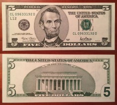 USA SUA █ bancnota █ 5 Dollars █ 2001 █ P-510 UNC cu pată mică de cerneală roșie