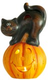 Decoratiune Halloween cu dovleac LED si pisica, ceramica, 22 cm