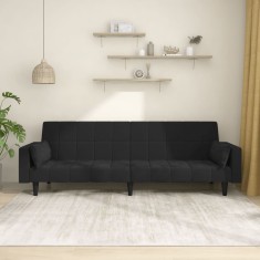 Canapea extensibilă cu 2 locuri, 2 perne, negru, catifea