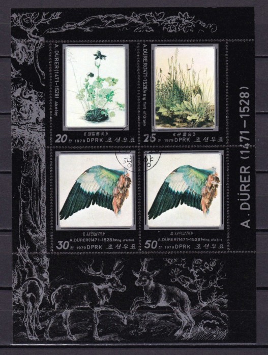 ✅ ( C7 ) Coreea Nord / Korea 1979 ,&quot; Tablouri pictate de Albrecht Durer &quot;, minibloc cu Mi. 1854-1857 , stampilat