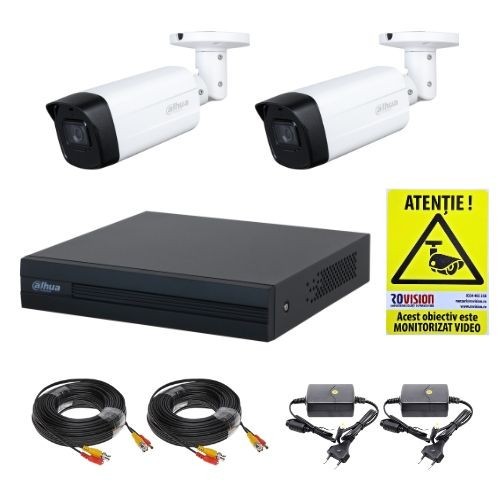 Kit supraveghere Dahua 2 camere HDCVI 2MP IR 40m Lentila 2.8mm, DVR WizSense 4 Canale 1080N/720p, accesorii montaj + CADOU Autocolant Rovision SafetyG