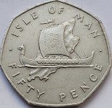 50 pence 1976 Isle of Man, Viking longship on map, km#39