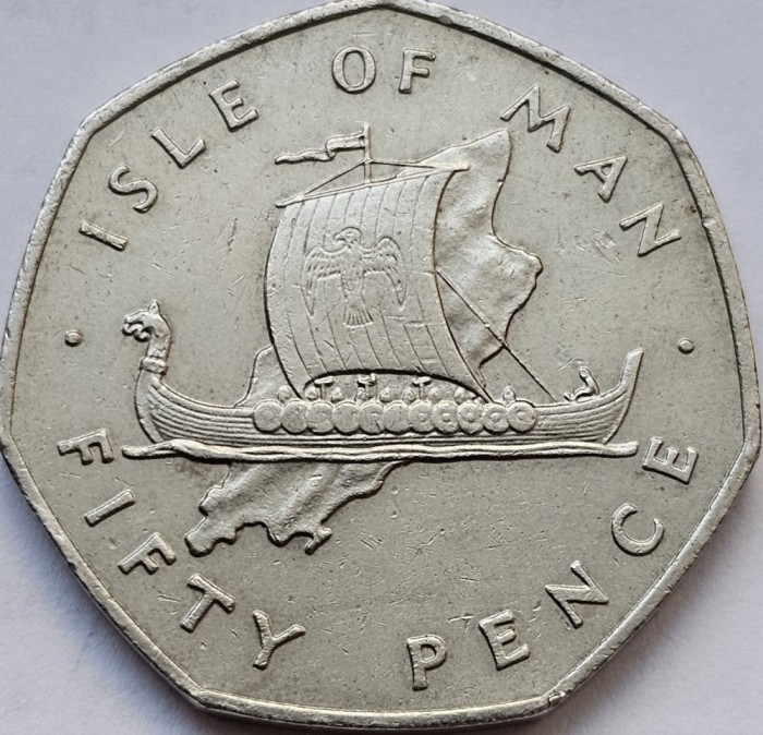 50 pence 1976 Isle of Man, Viking longship on map, km#39
