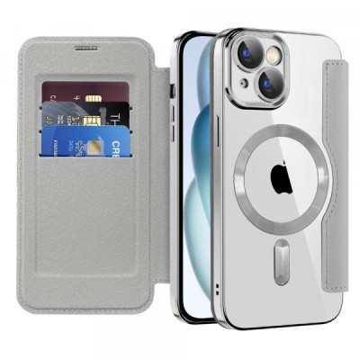 Husa MagSafe pentru Apple iPhone 15 Plus, Techsuit, SmartMag Book, Gri foto