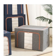 Cutie de Depozitare Pliabila, Flippy, 24 L, din Bumbac si In, 40x30x20 cm, Fereastra Frontala, 2 Usi de Acces cu Fermoar Bidirectional, Cadru Metalic,