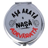 Oglinda machiaj, personalizata, din inox, dubla, saculet catinea, cu mesaj pentru nasa: Asa arata o nasa adevarata