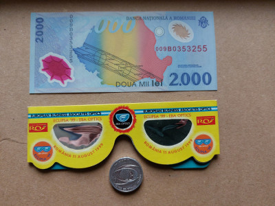 Bancnota 2000 lei 1999 eclipsa,moneda 500 lei 1999 eclipsa,ochelari eclipsa 1999 foto