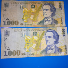 Bancnote de 1000 Lei 1998: 2 bucati cu filigrane BNR diferite: drept si inclinat