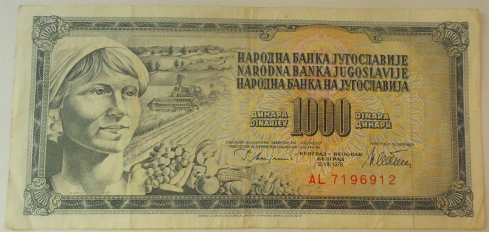 Bancnota 1000 DINARI / DINARA - RSF YUGOSLAVIA, anul 1978 *cod 437